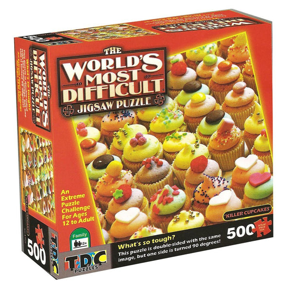 The World’s Most Difficult Jigsaw Puzzle, 500 pieces, rows of cupcakes on puzzle box