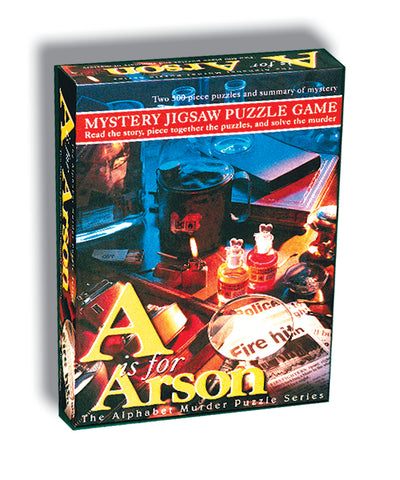 A is for Arson mystery jigsaw puzzle game box
