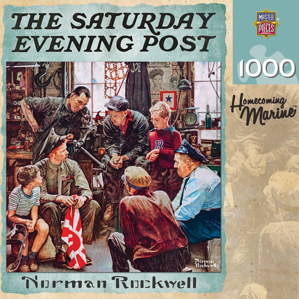 1000 jigsaw puzzle box, with a picture of 7 men of various age gathered in a room