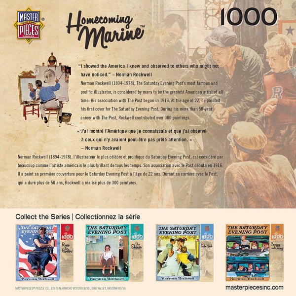 Back of 1000 piece jigsaw puzzle box, with a biogorophy of artist Norman Rockwell