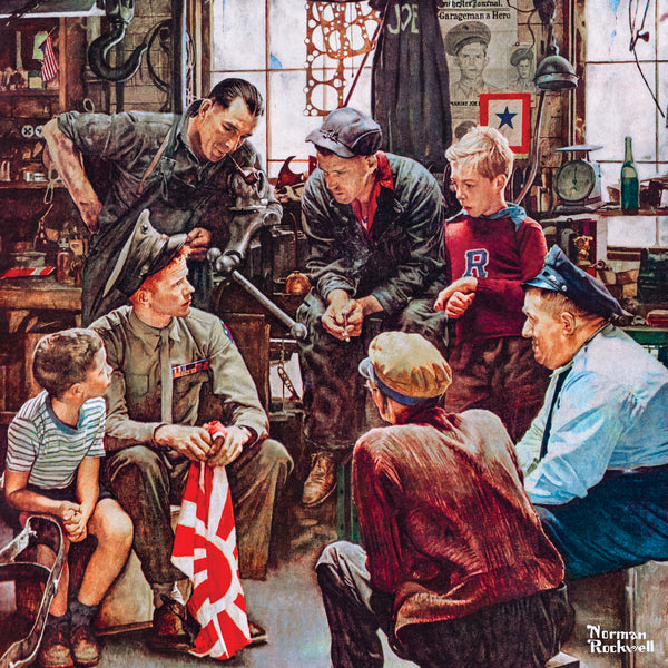  picture of 7 men, some adults, some children, gathered in a work room.  6 of the men are looking at a young man in an army uniform.