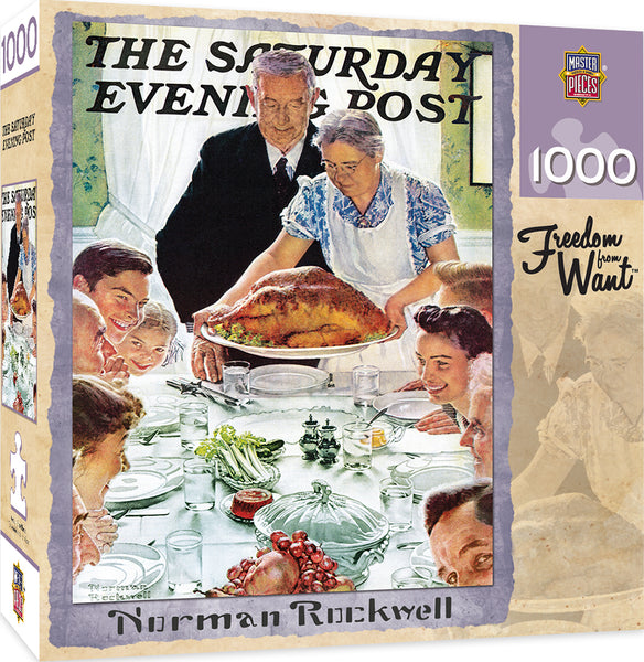 1000 piece jigsaw puzzle box, with a picture of a family eating thanksgiving dinner