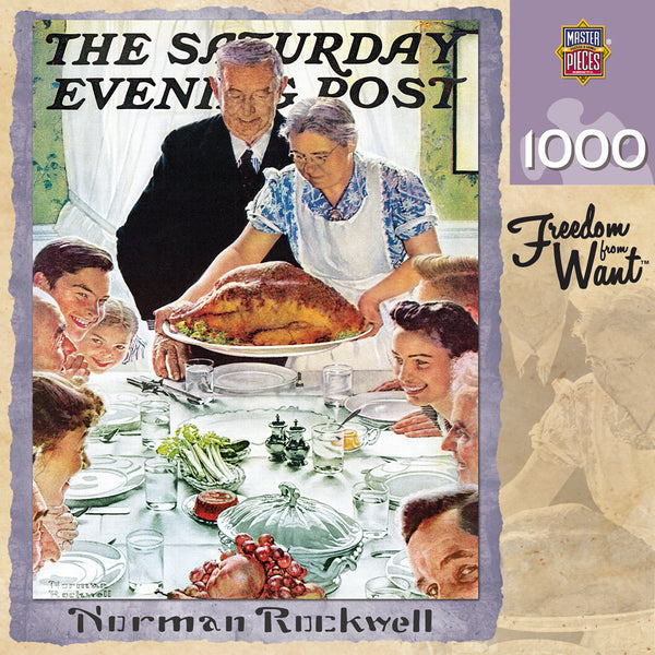 1000 piece jigsaw puzzle box, with a picture of a family eating thanksgiving dinner