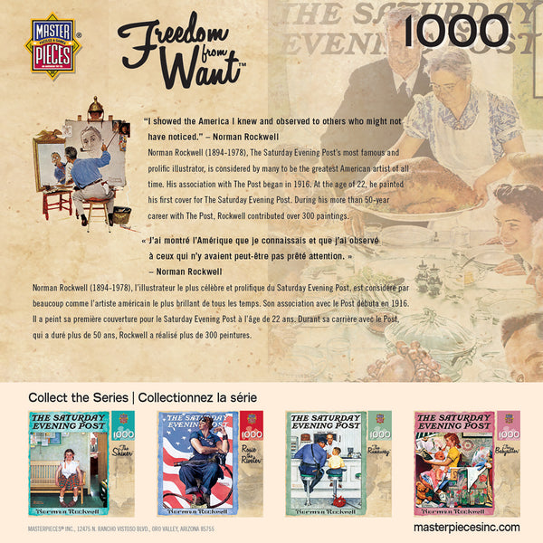 back of 1000 piece jigsaw puzzle box, with a biogrophy of Norman Rockwell