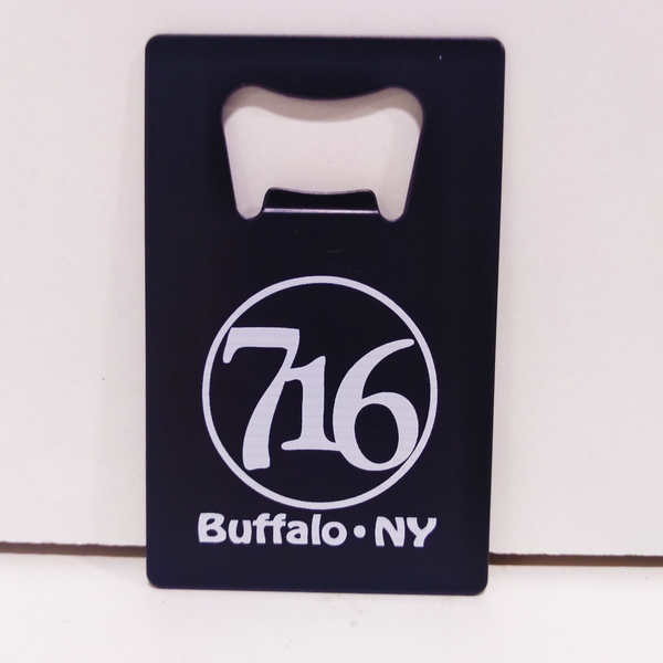 A black bottle opener with a white 716 logo