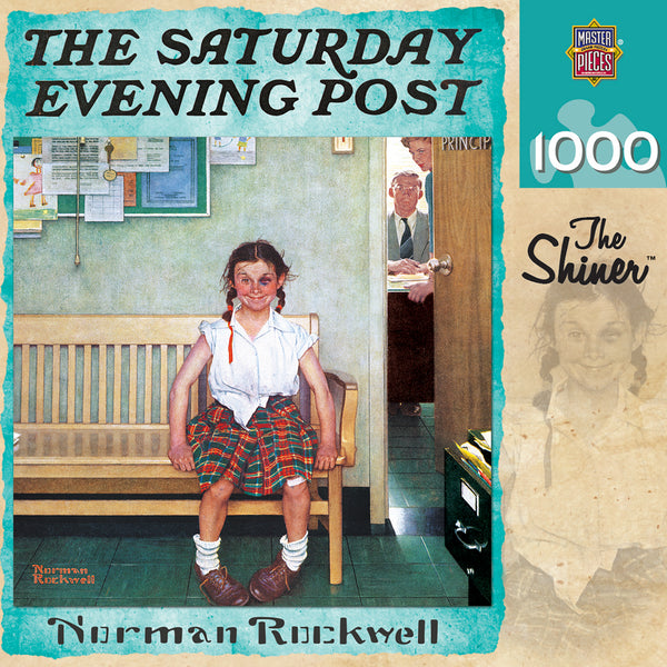 1000 piece jigsaw puzzle box, with a picture of a girl sitting outside the principal's office smiling with a black eye.