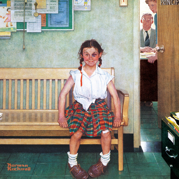 picture of a girl sitting outside the principal's office smiling with a black eye, while the principle and a woman peer out from behind the door