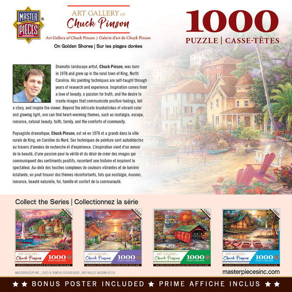 1000 piece puzzle box, back of box, Chuck Pinson painting of a beach town with boats