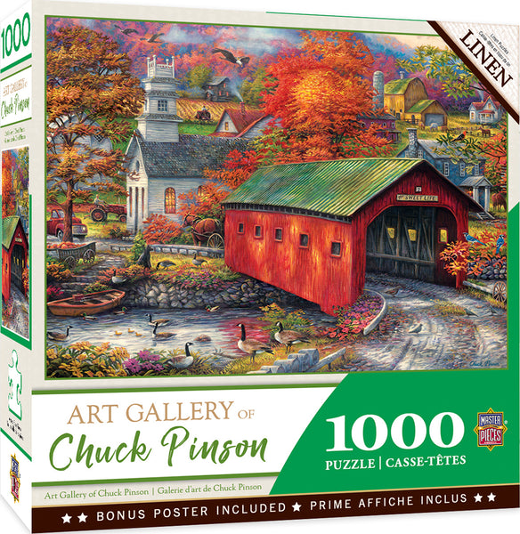box for a 1000 piece jigsaw puzzle, with a picture of a red covered bridge over a creek, a church, and farms.