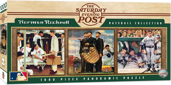 A box of a "The saturday evening post, Norman Rockwell" 1000 piece jigsaw puzzle, with three pictures of baseball players on the front.