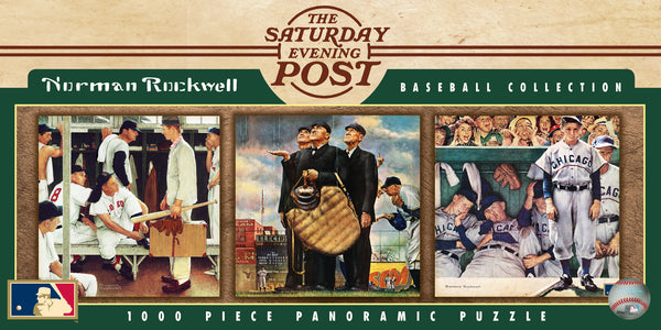 A box of a "The saturday evening post, Norman Rockwell" 1000 piece jigsaw puzzle, with three pictures of baseball players on the front.