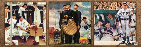 Three pictures on a brown background.  One of baseball players in a locker room, one of empires observing the rain on a baseball field, one of baseball players hanging around the dugout