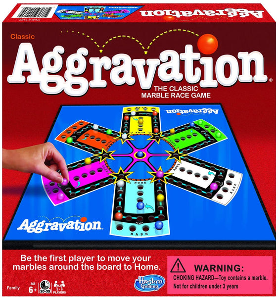 Box of Aggravation, the classic marble race game, with a picture of a hand moving a marble on a game board.