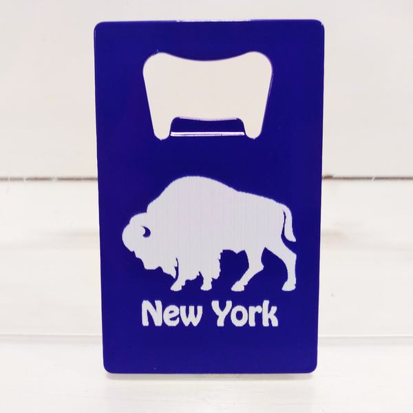 Blue bottle opener with white buffalo