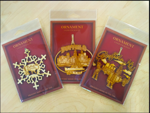 3 wood lazer-cut Buffalo NY ornaments