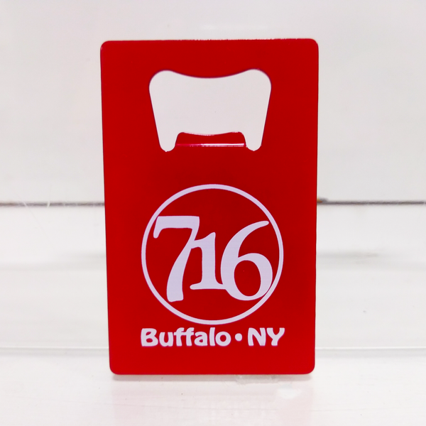 A red bottle opener with a white 716 logo