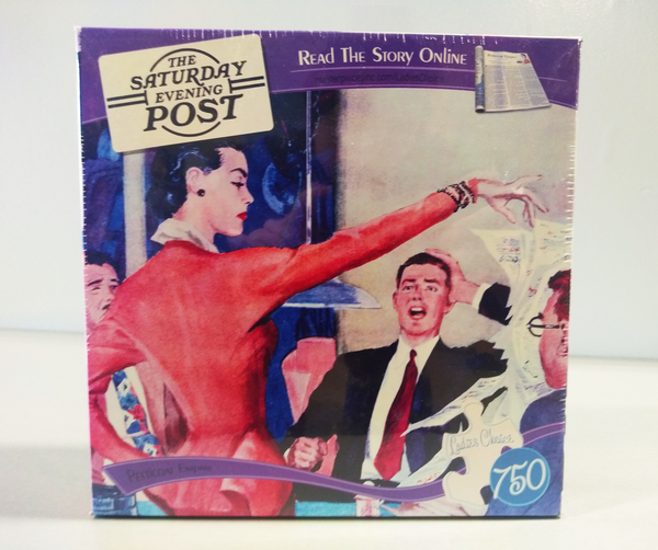 "Ladies Choice" 750 piece jigsaw puzzle box with a picture of an angry woman holding some papers in front of some surprised looking men