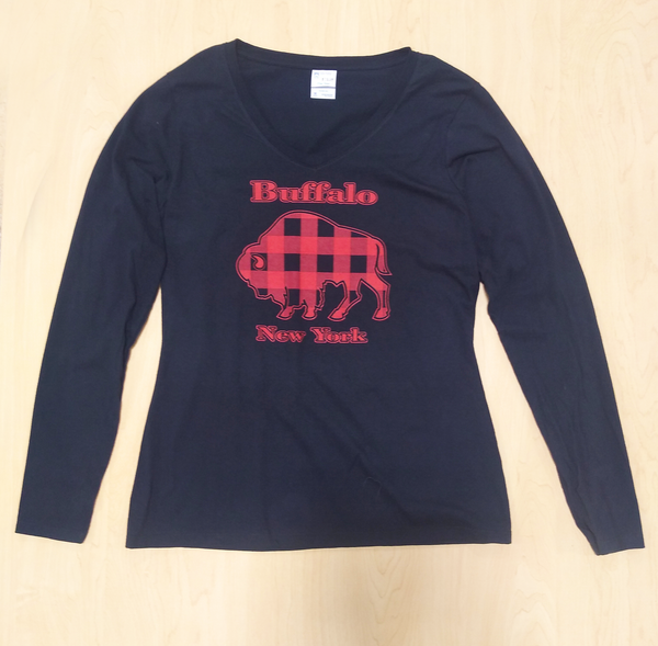 A black long sleeve V-neck shirt with a red & black plaid buffalo, with the text "Buffalo New York"